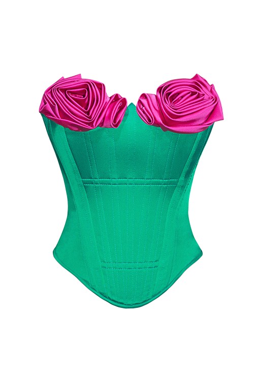 Marilyn corset - emerald green with hot pink roses